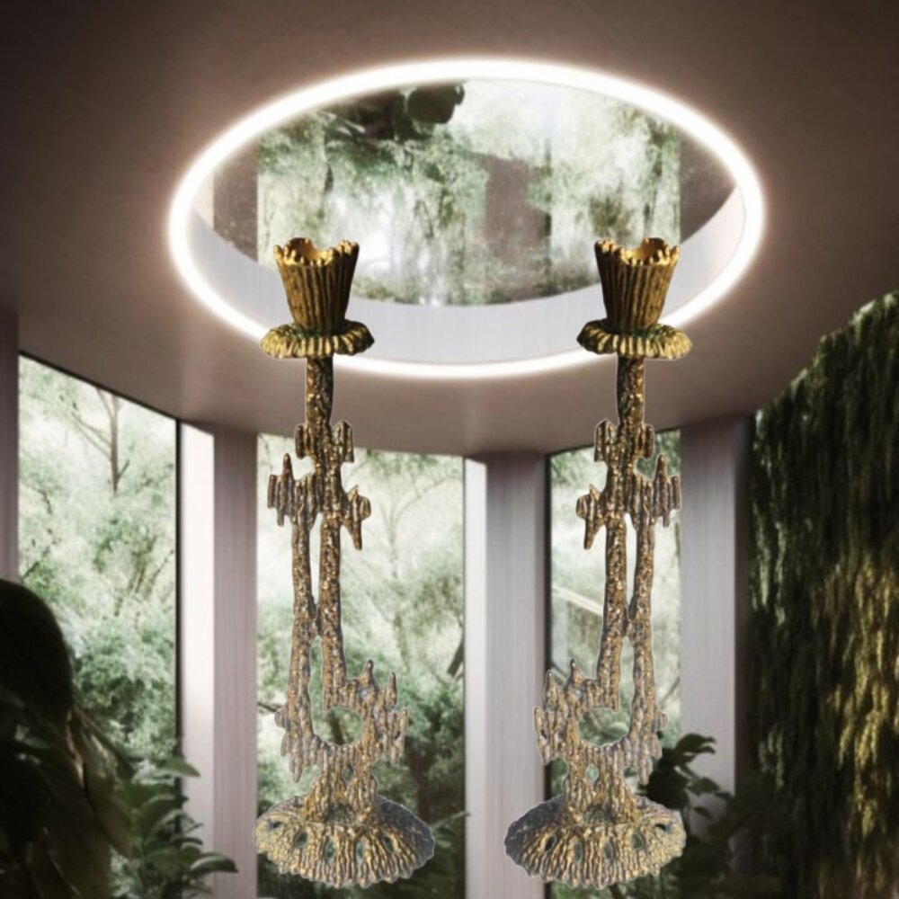 WAINBERG Set of 2 Vintage MCM Abstract Brutalist Sculptural Style Candlesticks